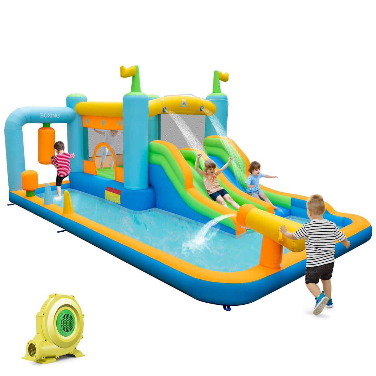 HONEY JOY Inflatable Water Slide, Kids Jumping Castle Bounce House w/Dual Slides, Boxing Sandbag, Splash Pool