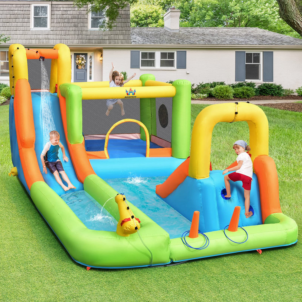 HONEY JOY 8 in 1 Inflatable Water Slide, Water Park w/Double Slides, Basketball Hoop, Water Gun (Without Blower)