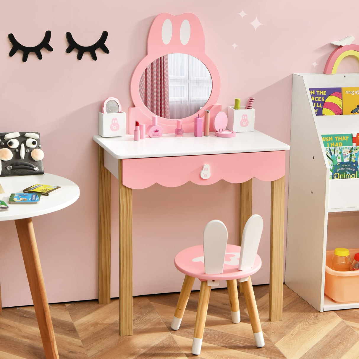 HONEY JOY Kids Vanity Table & Chair Set, Makeup Dressing Table w/Detachable Top, Drawer & Storage Boxes