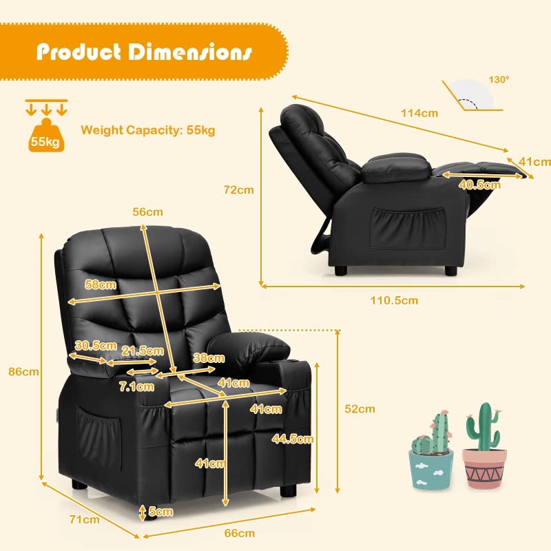 HONEY JOY Kids Recliner Chair with Cup Holder, Adjustable Leather Lounge Armchair w/Footrest Cup