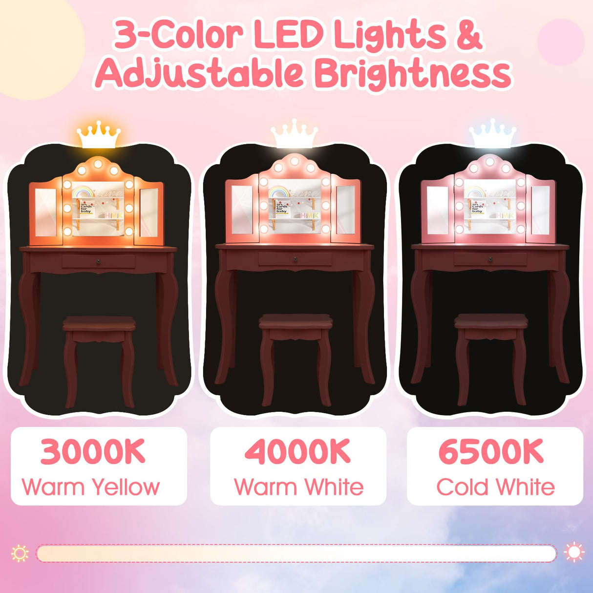 HONEY JOY Kids 2-in-1 Vanity Table and Stool Set,Princess Makeup Vanity Set w/3-color LED Lights & Adjustable Brightness