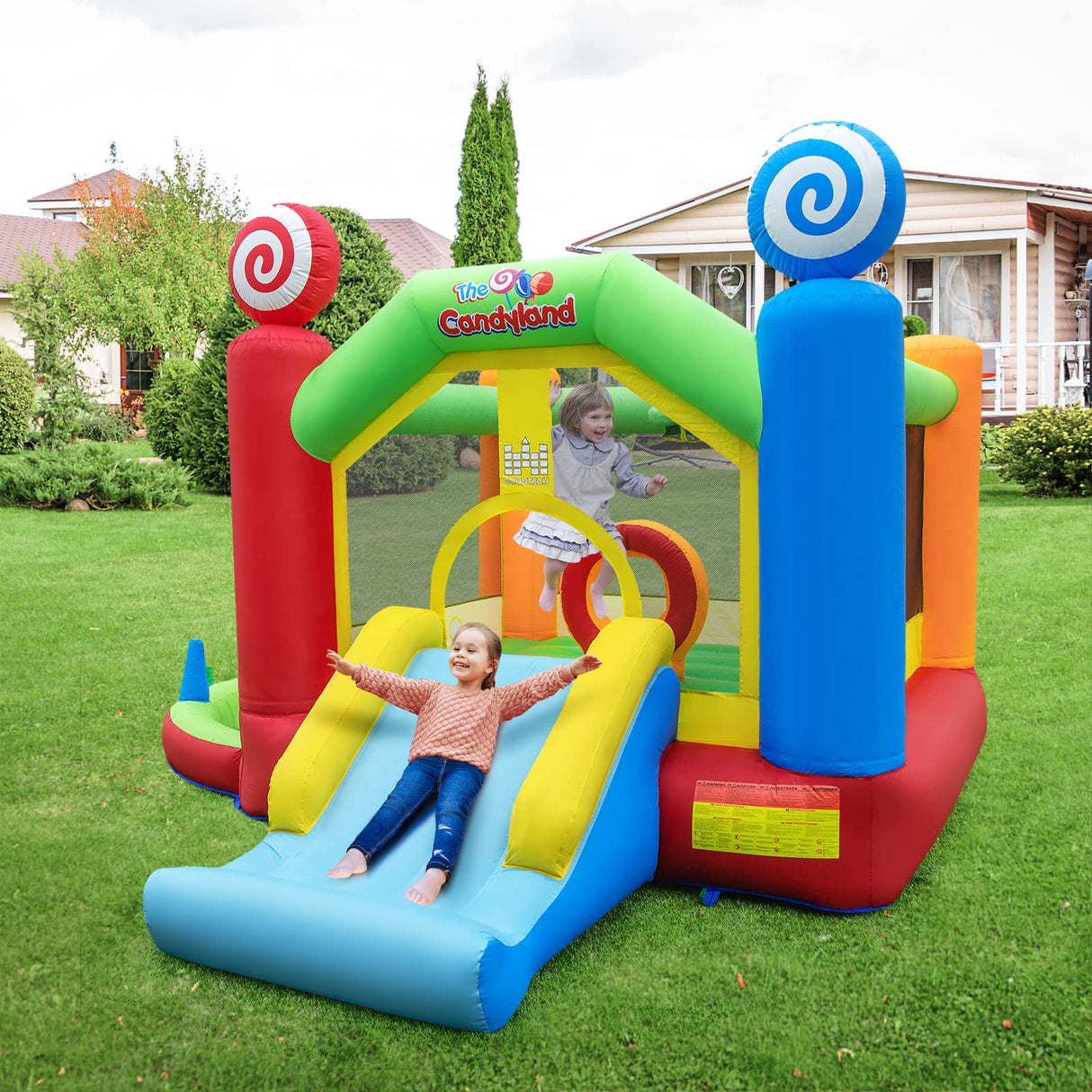 HONEY JOY Kids Inflatable Bounce House, Candy Theme Jumping Castle w/Jumping Area, Slide, Ball Pit Area