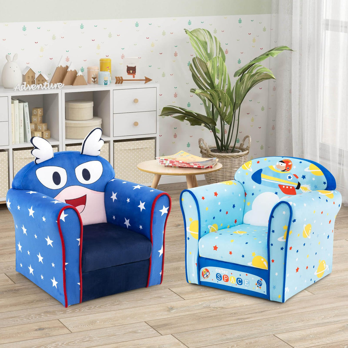 HONEY JOY Kids Sofa Chair, Kids Armchair w/Cute Pattern, Velvet Fabric Cover, High Density Sponge Filling (Airplane)