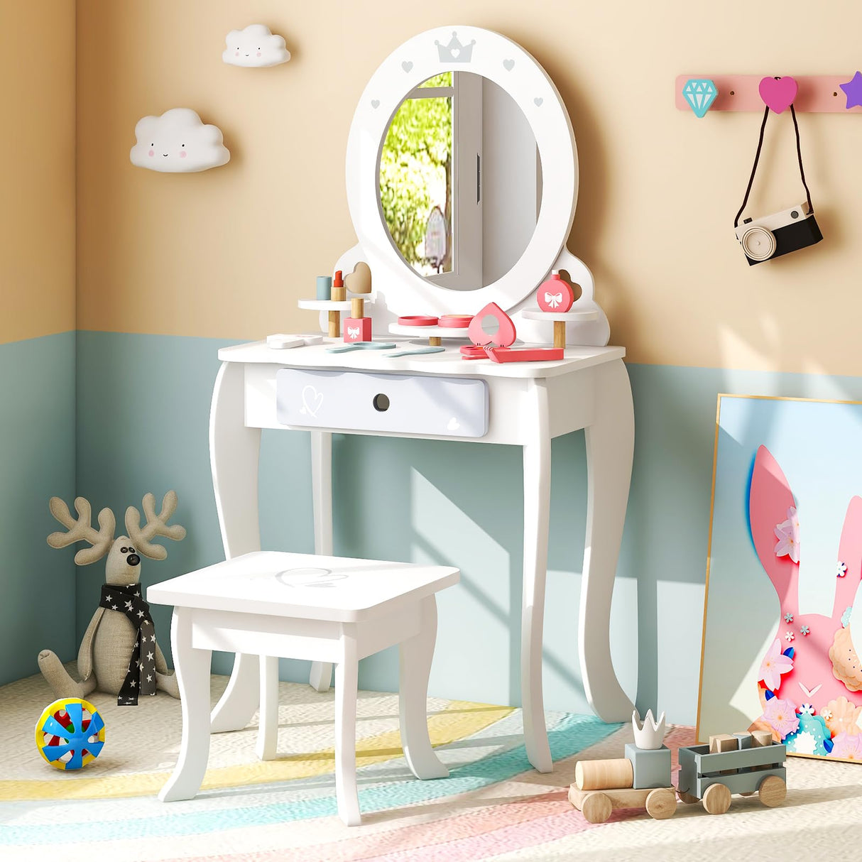 HONEY JOY Kids Vanity Set, Dressing Table w/Mirror and Stool, Accessories, Drawer, Wooden Princess Makeup Dressing Table