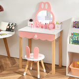 HONEY JOY 2 in 1 Kids Vanity Set w/Mirror, Cute Bunny Princess Makeup Dressing Table Stool