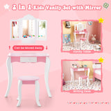 HONEY JOY Kids Vanity Table and Chair Set, 2-in-1 Kids Pretend Play Makeup Dressing Table Set with Tri-Folding Mirror