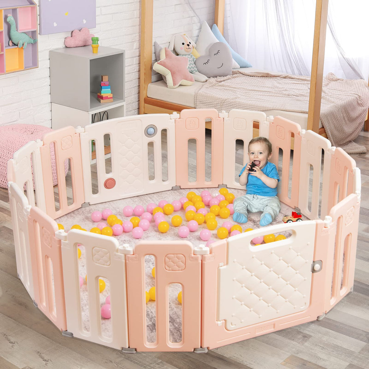 BABY JOY 16 Panel Baby Playpen, Foldable Activity Play Center with Safety Gate, Whiteboard, Game Panel (Pink)