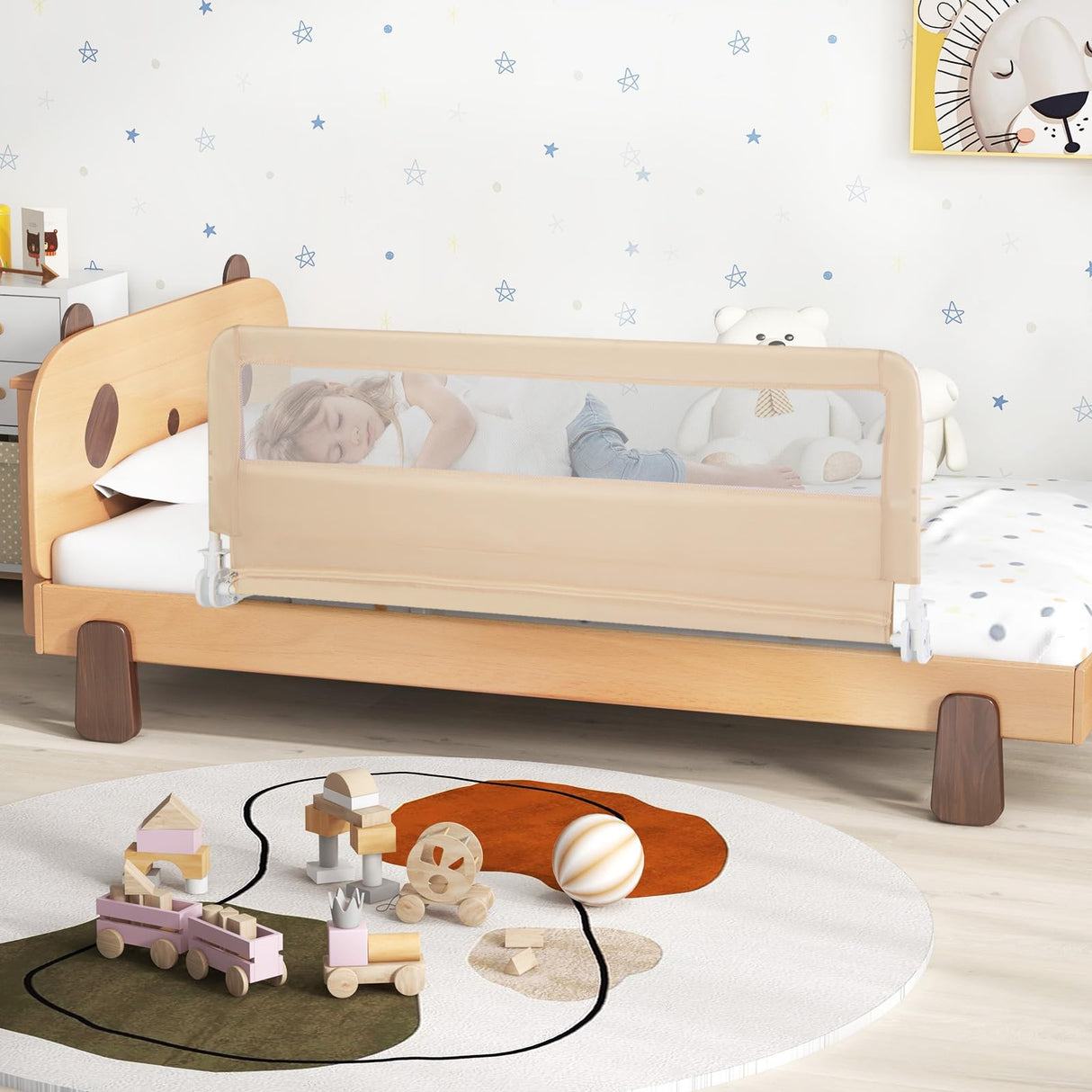 BABY JOY Bed Rail Guard for Toddlers, 150 x 55 cm Foldable Baby Bed Rail w/Safety Strap for Crib