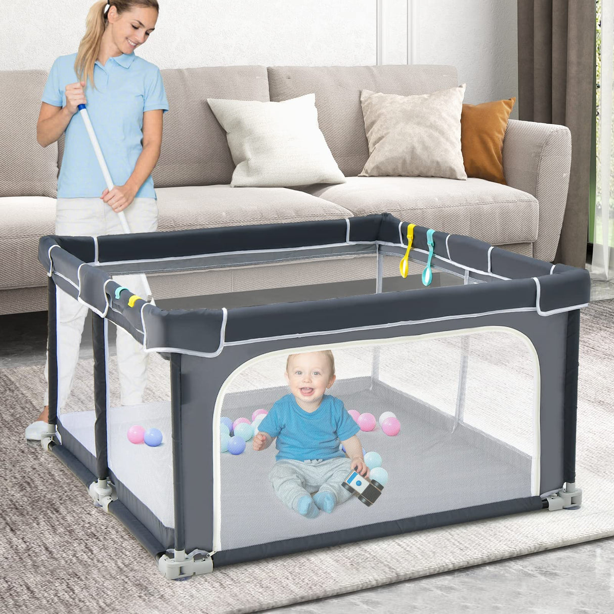 BABY JOY Foldable Baby Playpen, 124 x 124 x 70cm Playpen Activity Center w/50 Balls & 4 Pull Rings for Babies Toddlers