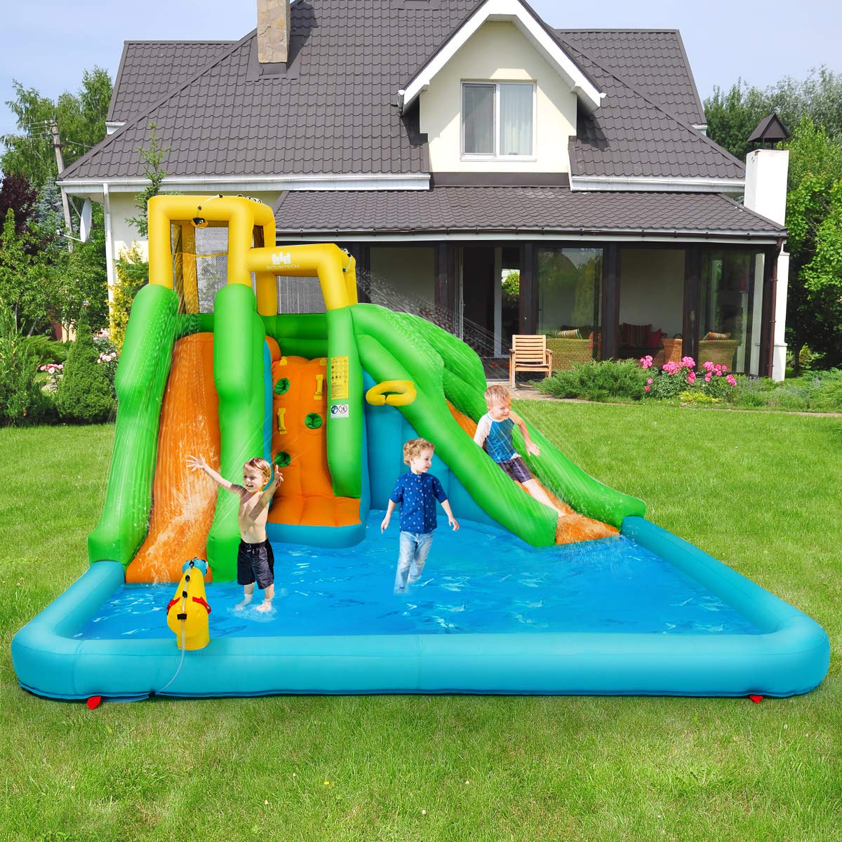 HONEY JOY Inflatable Water Slide, 6 in 1 Inflatable Castle Water Park w/Climbing Wall, Basketball Rim (Without Blower)