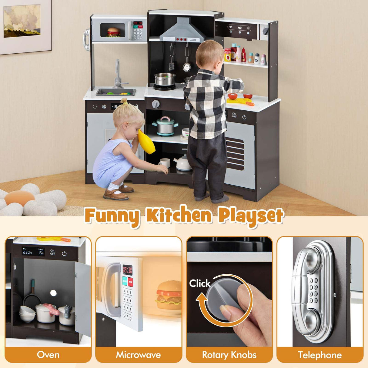 HONEY JOY Kids Pretend Play Kitchen Wooden Kitchen Playset Toy Gift w/Range Hood