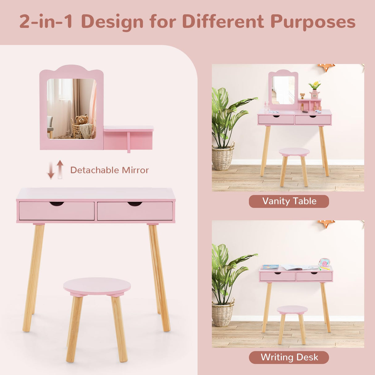 HONEY JOY Kids Vanity Set, Girls Vanity Set with Mirror and Stool, 2 Large Drawers, Storage Shelf