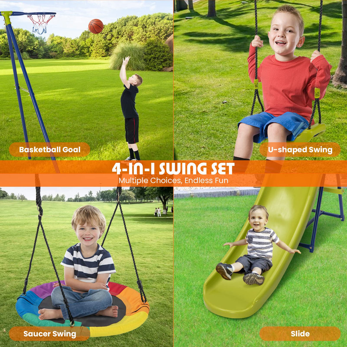 HONEY JOY 4-in-1 Swing Set, Heavy-Duty Metal Playset with Slide, Basketball Hoop