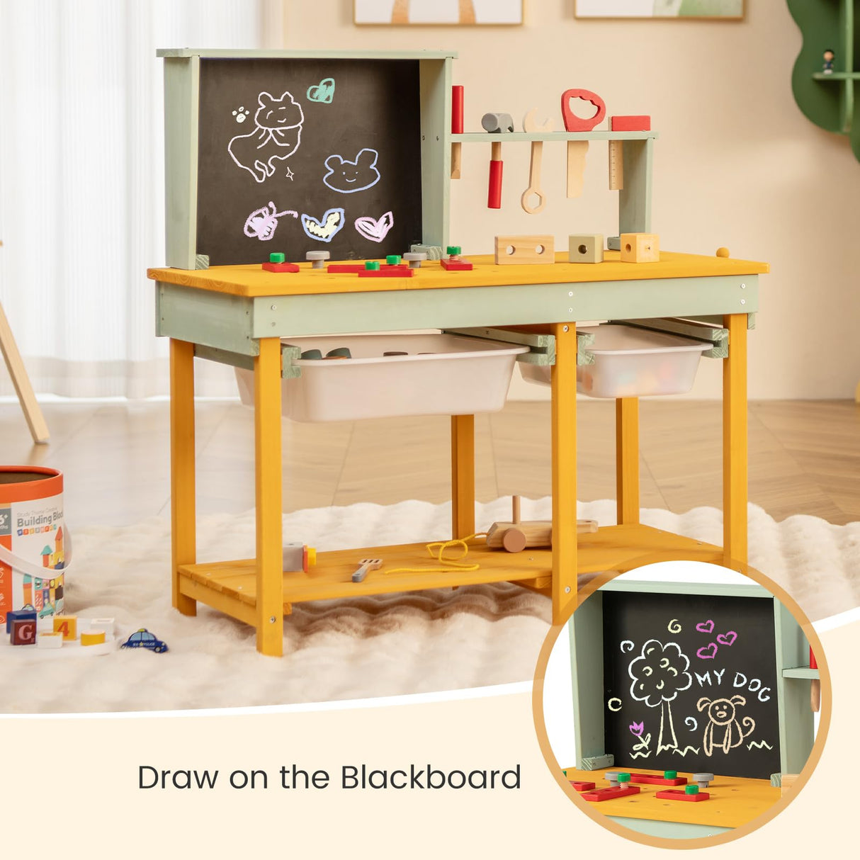 HONEY JOY Kids Wooden Toy Workbench, Deluxe Construction Bench Toy for Kids Toddlers w/Storage Space & Blackboard