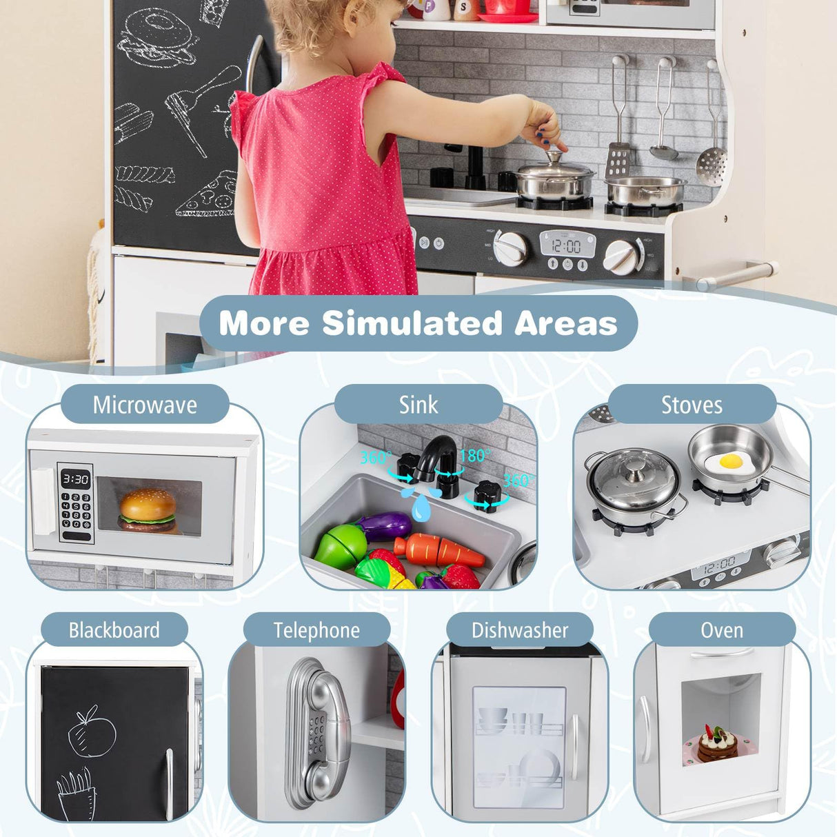 HONEY JOY Pretend Play Kitchen, Toddler Kitchen Playset w/Blackboard, Phone, Microwave, Ice Maker, Dishwasher & Oven