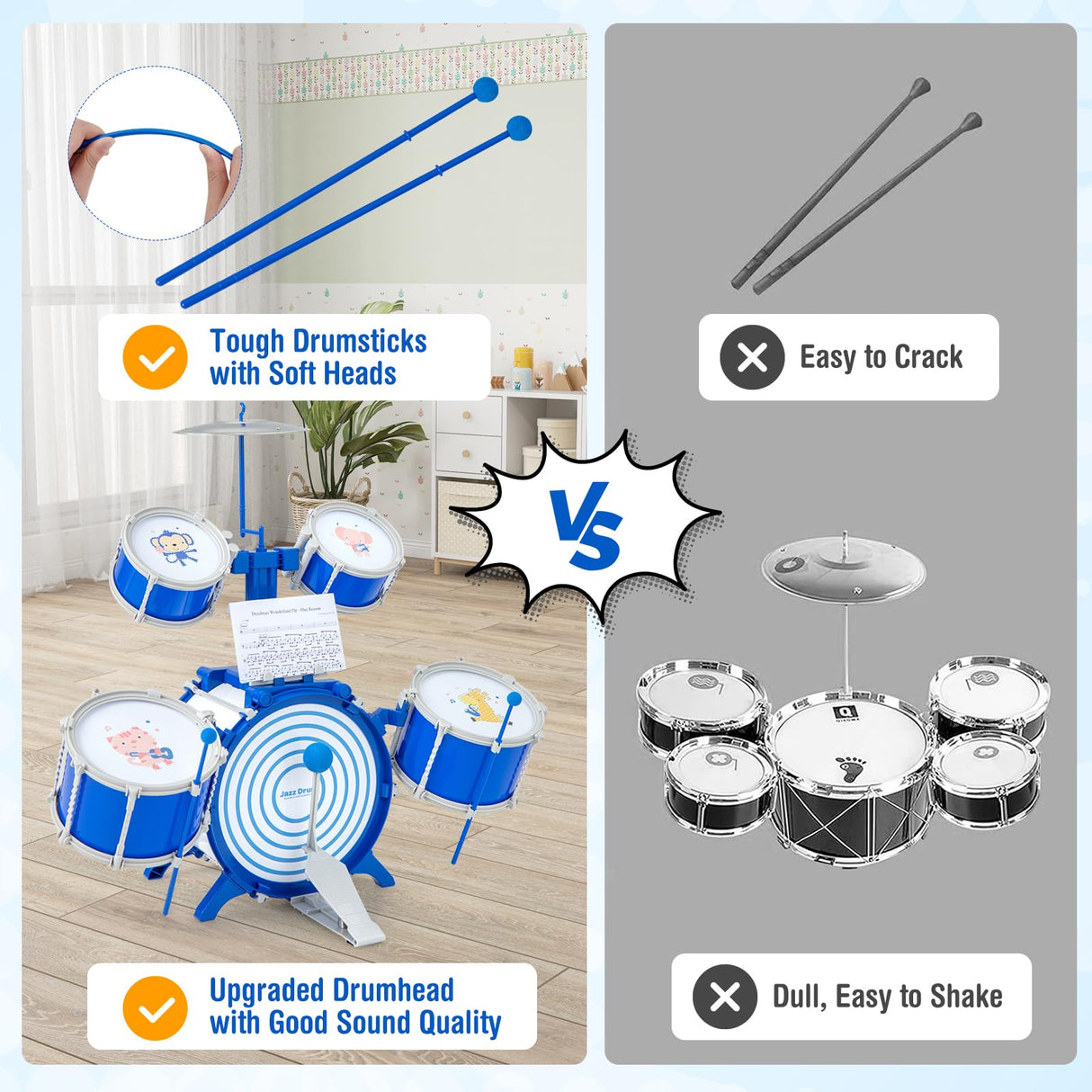 HONEY JOY Kids Drum Set Jazz Drum Kit with Bass Drum, 2 Middle Drums, 2 Snare Drums