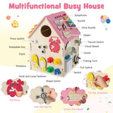 HONEY JOY Kids Wooden Busy House Toy, Montessori Play House w/Sensory Games & Interior Storage Space