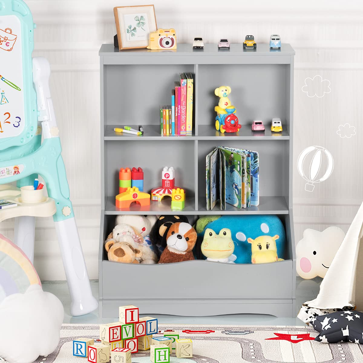 HONEY JOY Kids Bookshelf, 3-Tier Toy Storage Organiser for Children w/4 Open Compartments and 1 Box