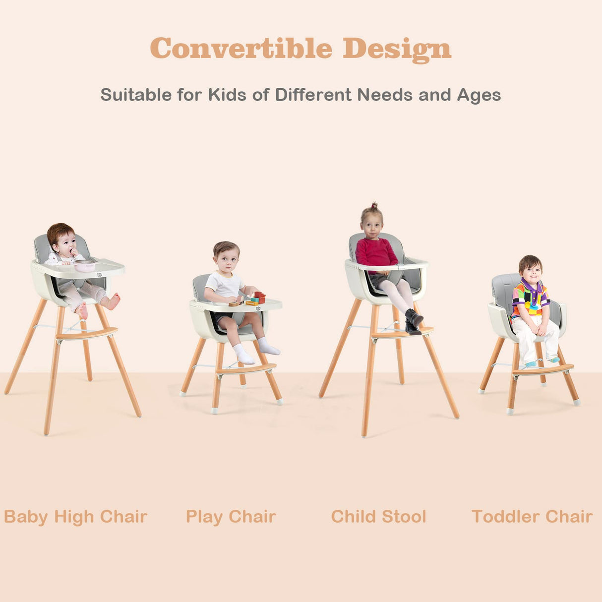 BABY JOY Convertible Baby High Chair, 3-in-1 Wooden High Chair/Booster/Chair with Removable Tray