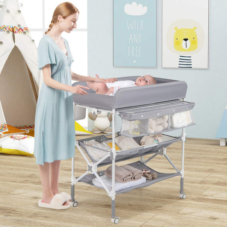 BABY JOY Portable Baby Changing Table w/ Wheels, Foldable Waterproof Diaper Changing Station w/ Adjustable Height