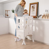 BABY JOY Kids Foldable Kitchen Step Stool, Solid Wooden Standing Learning Stool w/Lockable Safety Rail