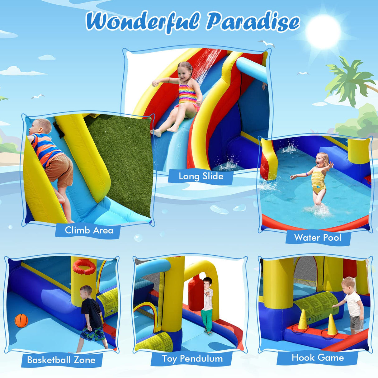 HONEY JOY Inflatable Water Slide, 7-in-1 Outdoor Kids Water Bounce House Jumping Castle