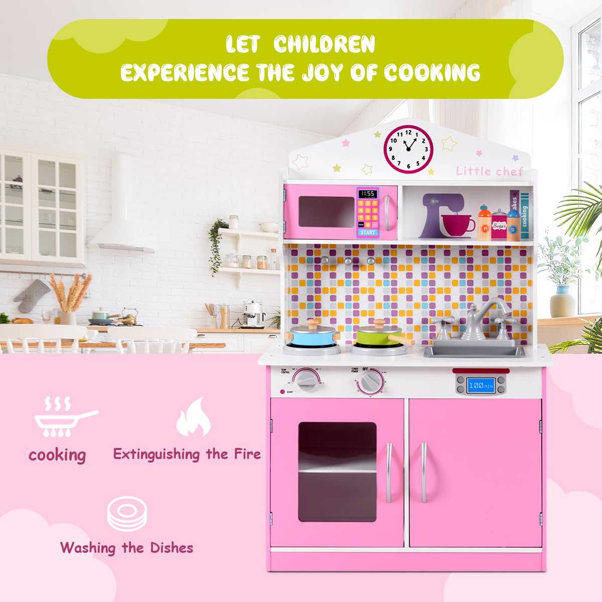 HONEY JOY Kids Kitchen Playset, Pretend Chef Cooking Play Set for Children with Microwave, Pan