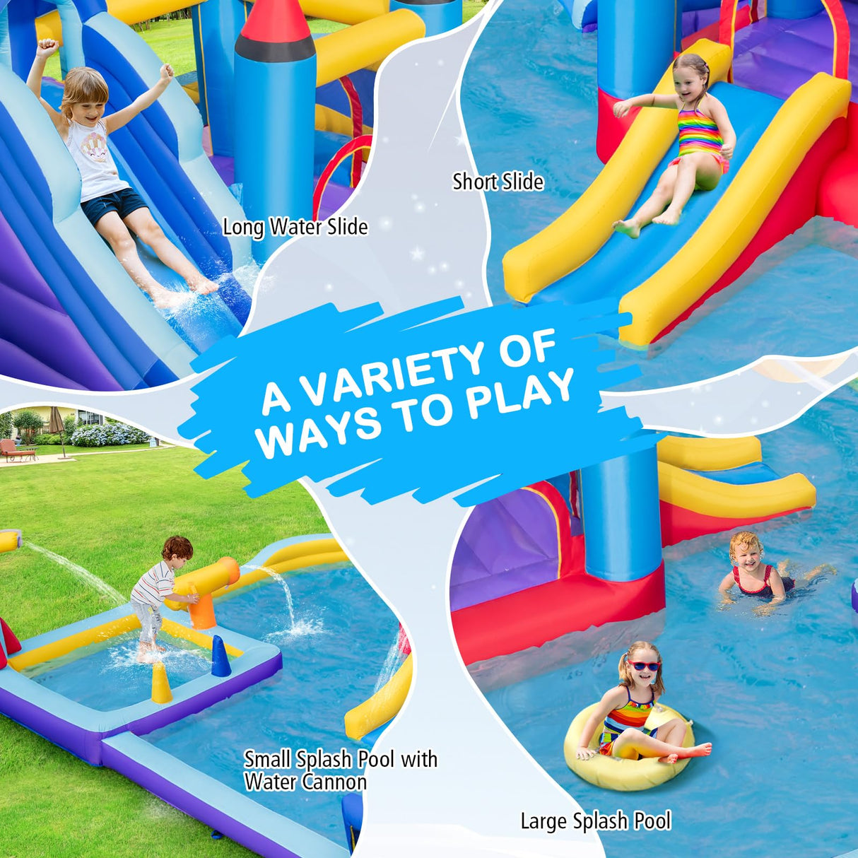 HONEY JOY Inflatable Water Slide Park, Kids Inflatable Jumping Castle w/2 Slides