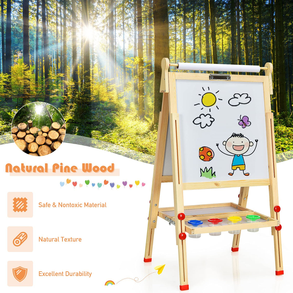 BABY JOY Kids Art Easel, Wooden Foldable Double-Sided Chalkboard Whiteboard w/Board Eraser