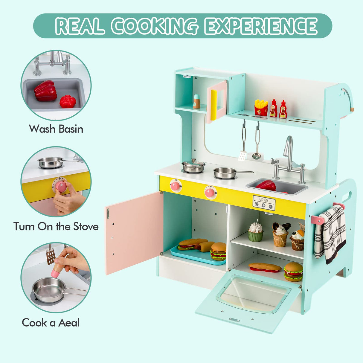 HONEY JOY 2 in 1 Kids Play Kitchen Restaurant, Pretend Play Double Sided Wooden Kitchen Playset