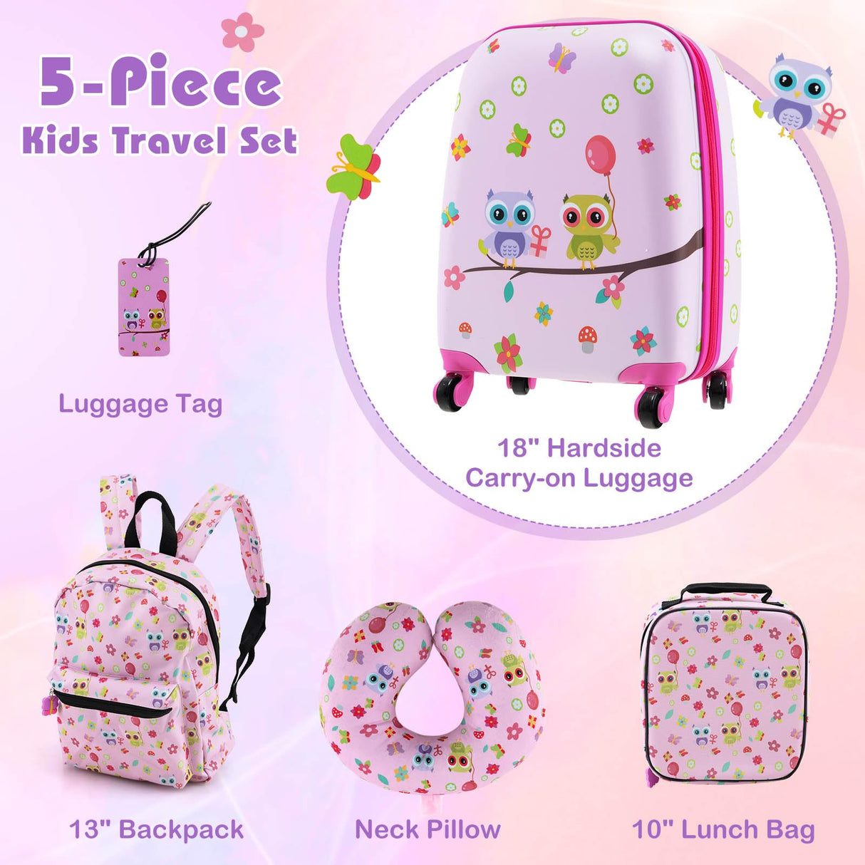 BABY JOY 5 Pieces Kids Luggage Set, Carry-on Children Rolling Suitcase Set w/Backpack, Neck Pillow, Name Tag, Lunch Bag