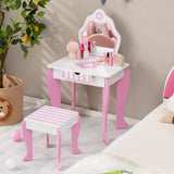 HONEY JOY Kids Vanity Table & Stool Set, 2-in-1 Princess Pretend Play Makeup Dressing Table Set w/Mirror & Drawer