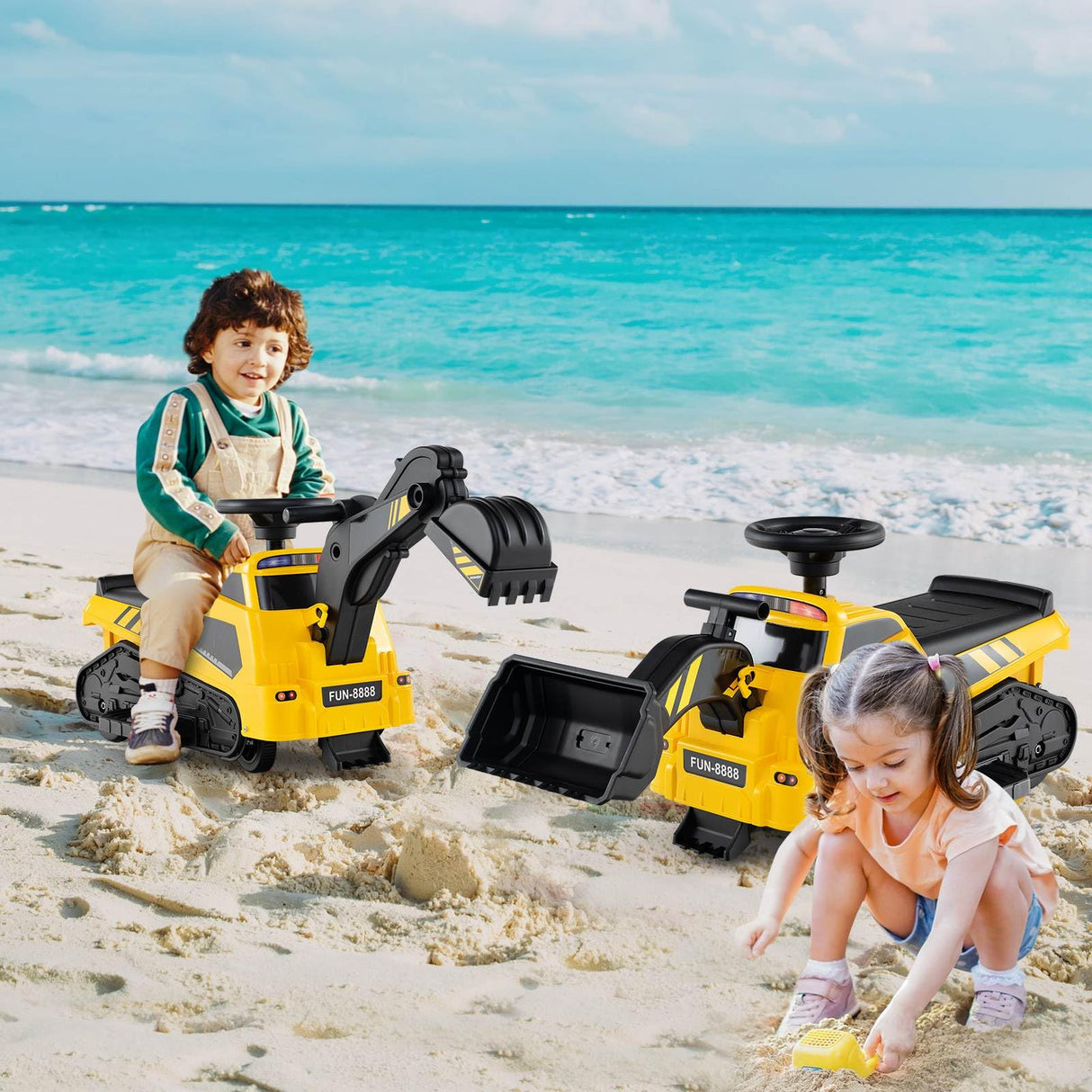 HONEY JOY 3-in-1 Kid Ride on Tractor w/Adjustable Arms, Electric Excavator Bulldozer Toy Road Roller w/Music