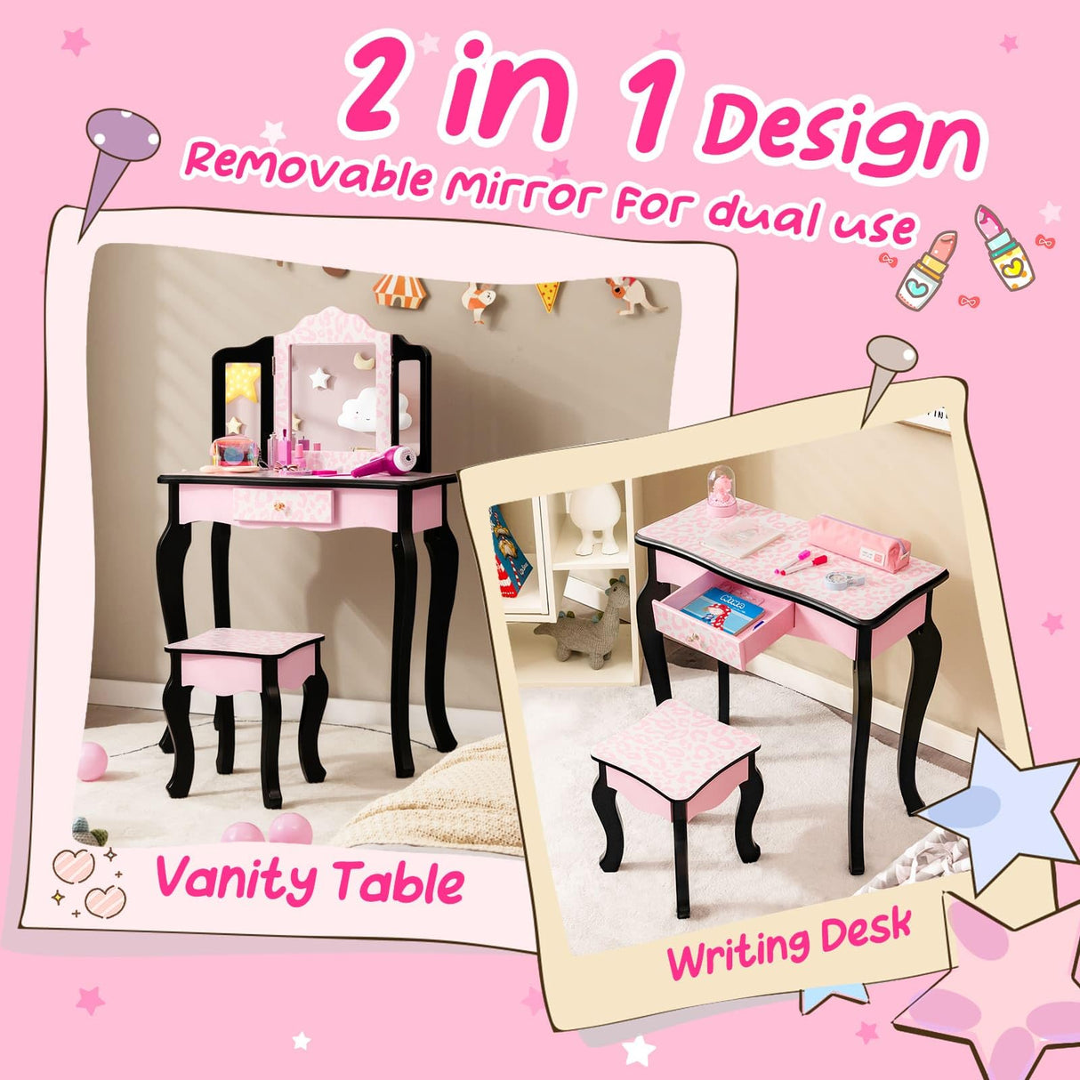 HONEY JOY Kids Vanity Table & Stool Set, Pretend Play Beauty Makeup Dressing Table w/Tri-Folding Mirror & Single Drawer