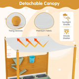 HONEY JOY Kids Sandbox with Sand Wall, Wooden Sandpit for 3-8 Years w/Removable Canopy