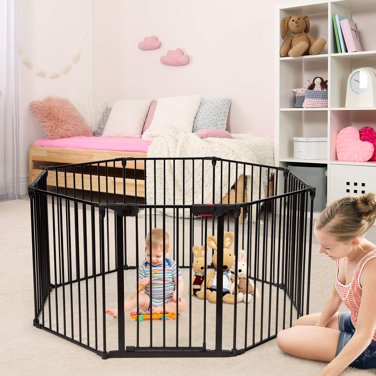 BABY JOY 3-in-1 Baby Metal Safety Gate, 8-Panel Baby Playpen Fence Gate, Foldable Baby Pet Gate Extra Wide