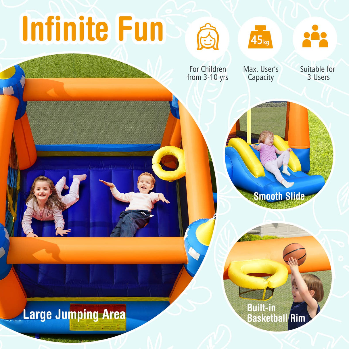 HONEY JOY Kids Inflatable Bounce House, Magic Theme Jumping Slide Bouncer w/Large Jumping Area, Slide & Basketball Rim