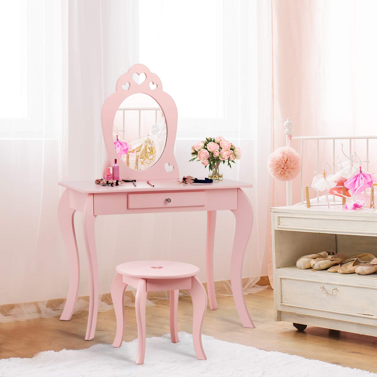 HONEY JOY Kids Vanity Set with Mirror, 2 in 1 Wooden Princess Makeup Vanity Dressing Table with Detachable Top