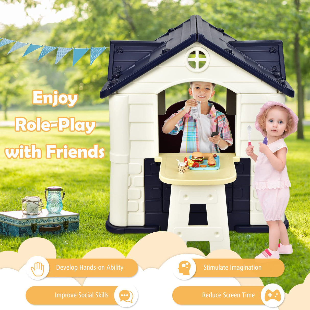 HONEY JOY Playhouse for Kids Outdoor Garden Games Cottage w/Working Doors & Windows, Pretend Toy House w/Picnic Table