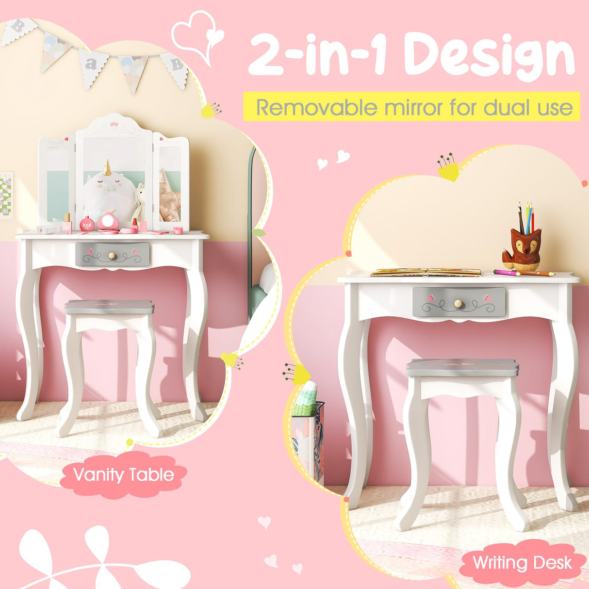 HONEY JOY Kids Vanity Set, Dressing Table w/Mirror and Stool, Accessories, Drawer, Wooden Princess Makeup Dressing Table