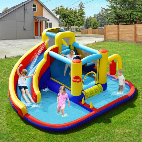 HONEY JOY Inflatable Water Slide, 7-in-1 Outdoor Kids Water Bounce House Jumping Castle w/Combo Water Slide, Splash Pool