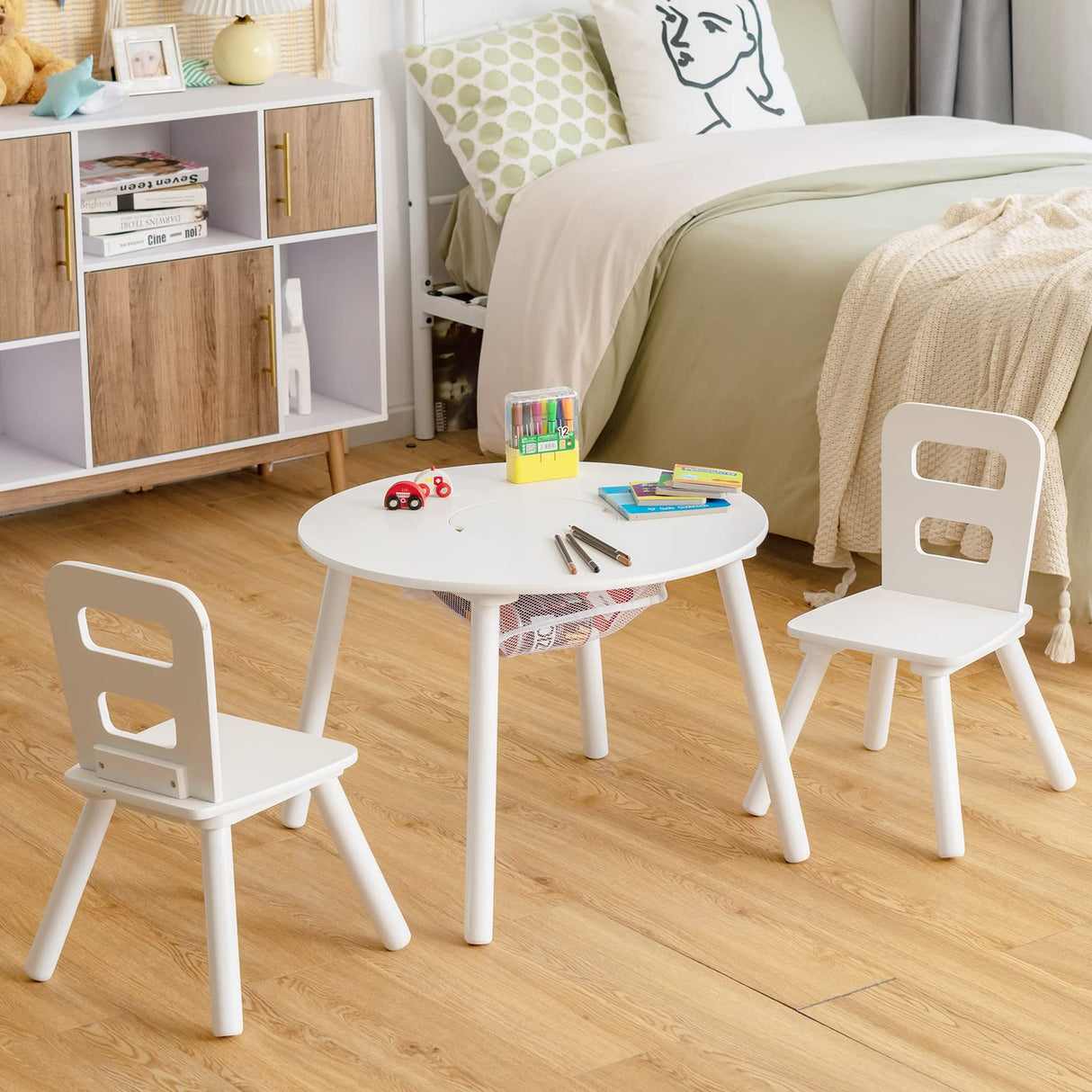 HONEY JOY Kids Table and Chair Set, 3PC Wood Activity Table w/Center Mesh Storage, White