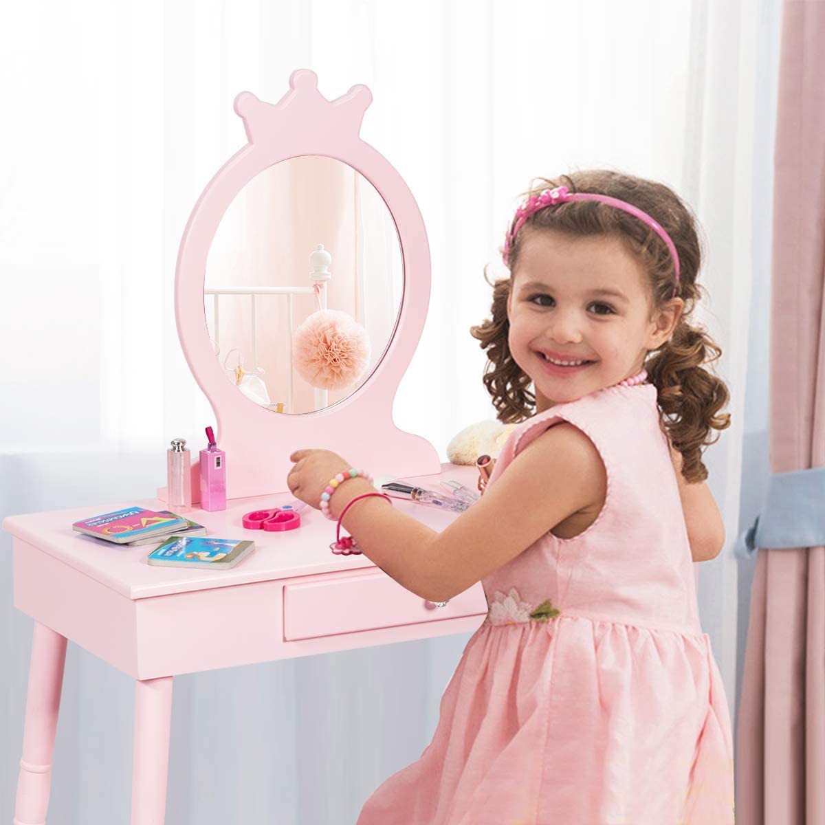 HONEY JOY Kids Vanity Set with Real Mirror & Cushioned Stool, Crown Shape Princess Makeup Dressing Table Stool Set