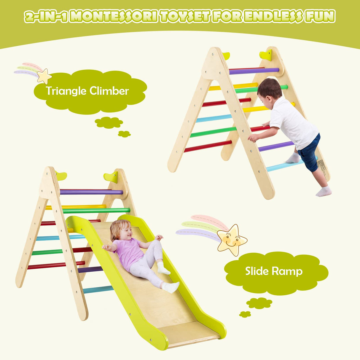 HONEY JOY Wooden Climbing Triangle Ladder for Kids, 2 in 1 Pikler Triangle Climber with Ramp for Slide