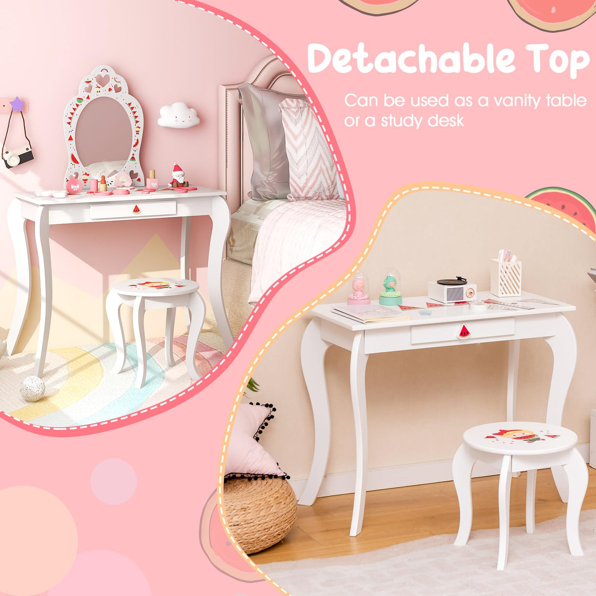 HONEY JOY Kids Princess Vanity Set, 2 in 1 Children Dressing Table w/Removable Mirror & Storage Drawer, Pretend Play Writing Desk Chair