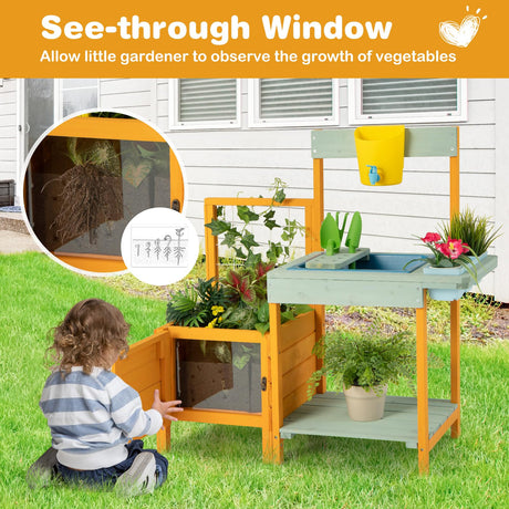 HONEY JOY Kids Outdoor Potting Bench w/See-Through Window, Planter Box and Garden Trellis