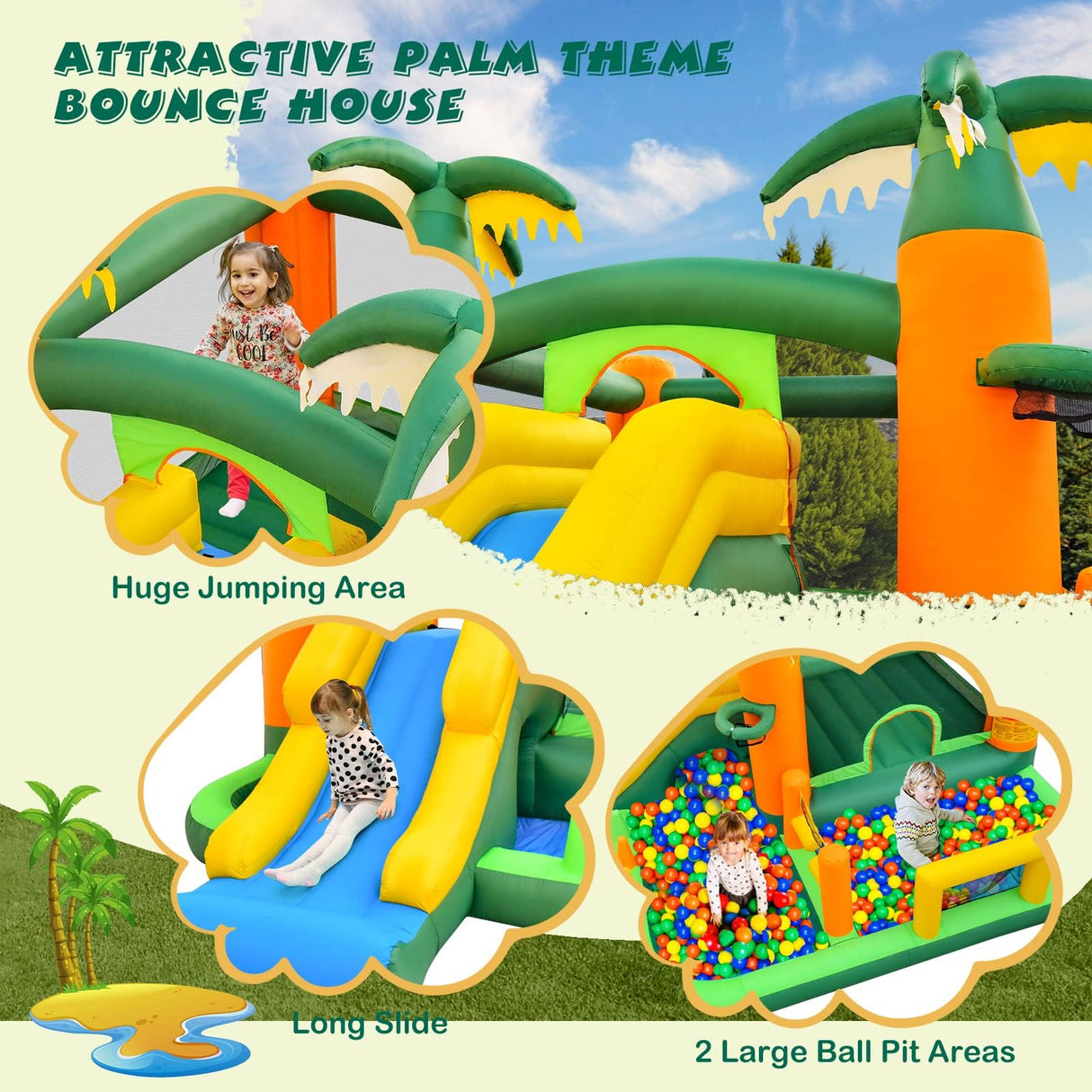 HONEY JOY 8-in-1 Kids Inflatable Bounce House, Tropical Palm Theme Jumping Castle (with 680W Blower)