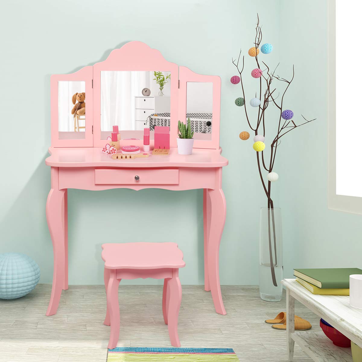 HONEY JOY 2 in 1 Kids Vanity Table & Chair Set, Princess Makeup Dressing Table with Drawer & Tri-Folding Mirror