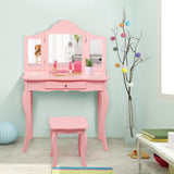 HONEY JOY 2 in 1 Kids Vanity Table & Chair Set, Princess Makeup Dressing Table with Drawer & Tri-Folding Mirror