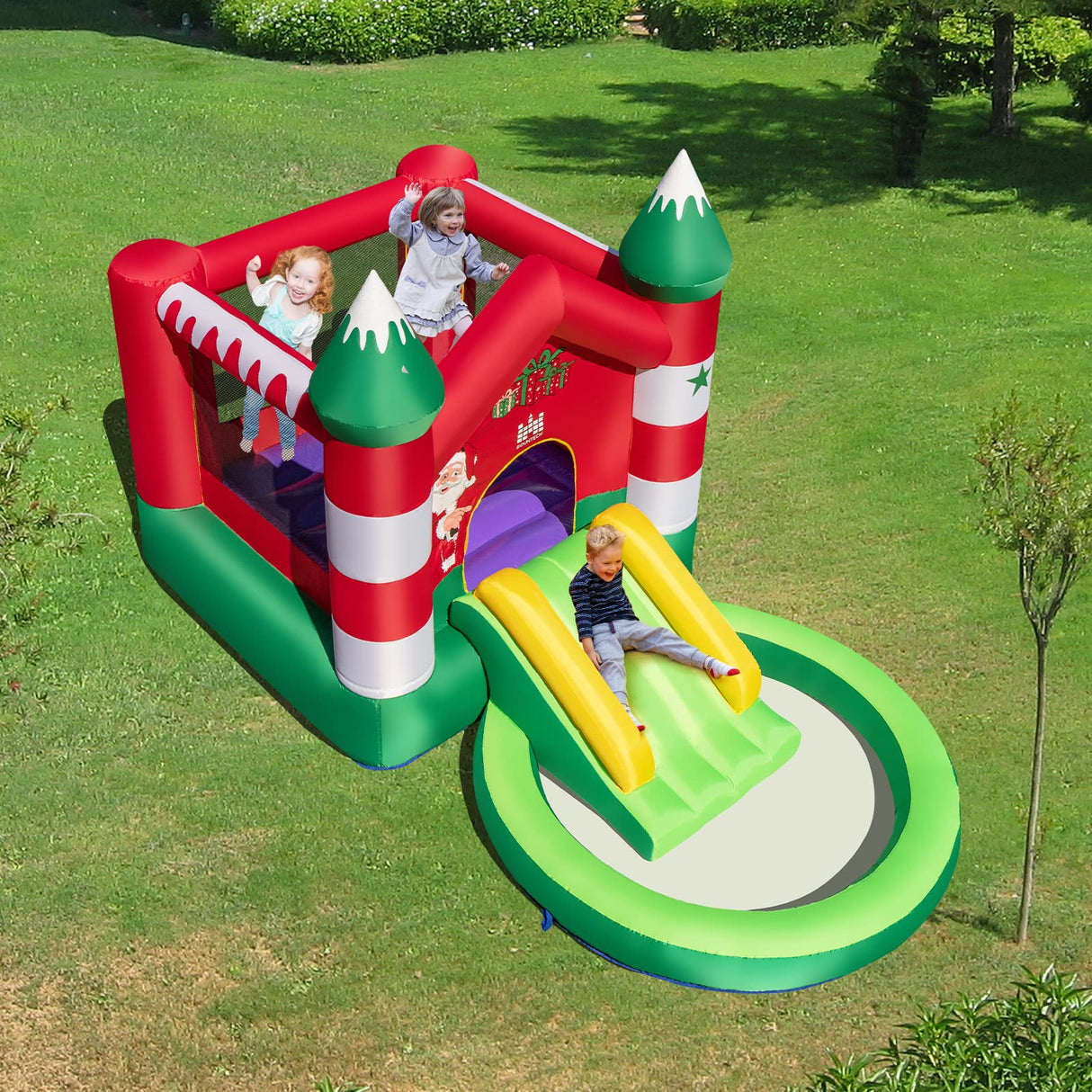 HONEY JOY Inflatable Bounce House, Christmas Themed Jumping Castle w/Slide, Trampoline, Round Ball Pit Pool